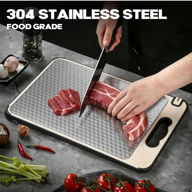 Double-sided cutting boards displayed in kitchen setting with stainless steel and natural surfaces, slip-resistant design vis