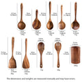 Wooden kitchen utensils set with measurements: spoons, spatulas, fork, and storage holder. Natural wood construction shown wi