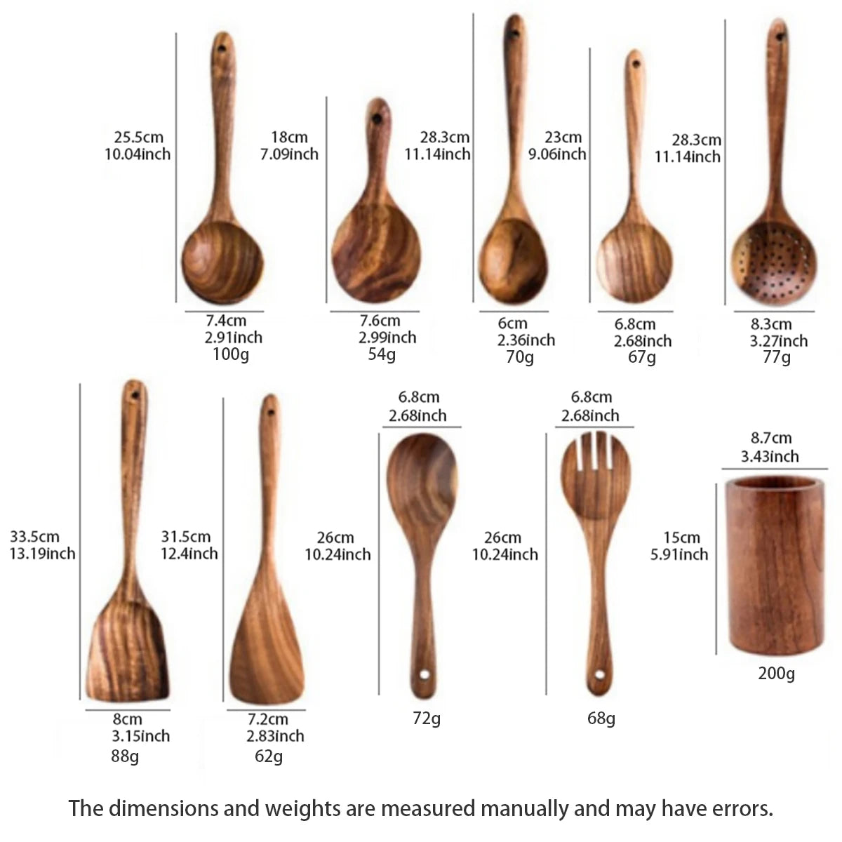 Wooden kitchen utensils set with measurements: spoons, spatulas, fork, and storage holder. Natural wood construction shown wi