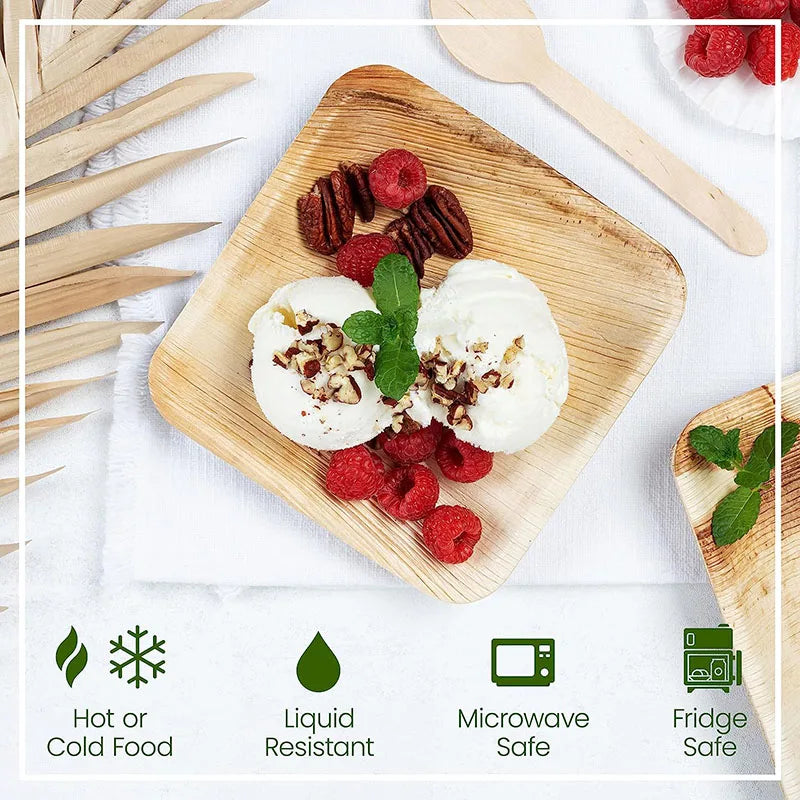 Eco-friendly palm leaf plate with whipped cream, raspberries, and pecans; features icons for hot/cold food, liquid resistant,