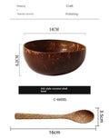 Polished natural coconut shell bowl set with wooden spoon; 14cm diameter bowl, 600ml capacity, 16cm spoon.