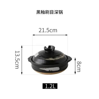 Black earthenware clay casserole pot with lid, 1.2L capacity, 21.5cm width, 13.5cm height, ideal for slow cooking soups and s