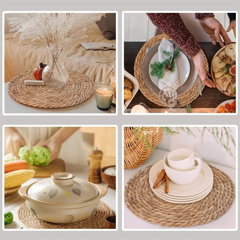 Handwoven rattan round placemats in natural tan, shown protecting dinnerware and hot cookware on tables in various dining set