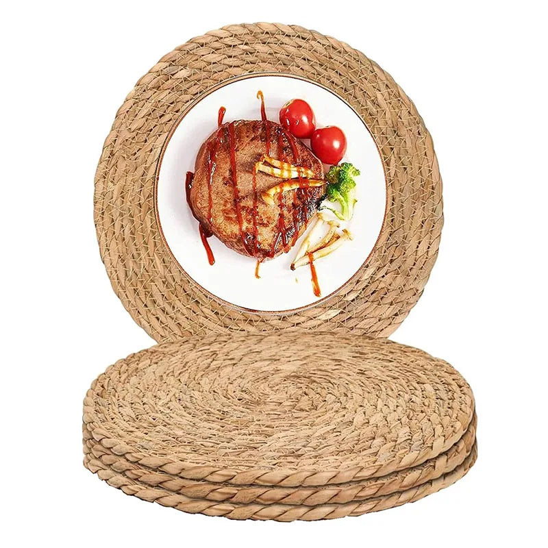 Handwoven rattan round pot mat with heat-resistant natural fiber, displayed with plated steak and vegetables on white ceramic