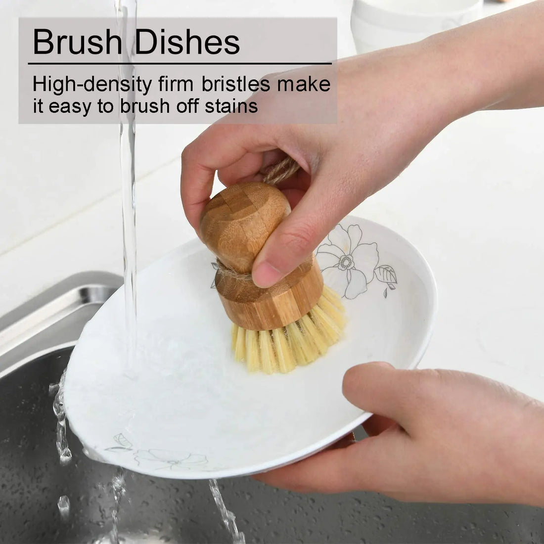 Bamboo Dish Brush Set with two replaceable heads - one with dark bristles and one with light natural bristles for eco-friendl