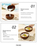 Natural coconut shell dessert bowls with coconut water pouring, fine polished finish, eco-friendly artisan serving set.