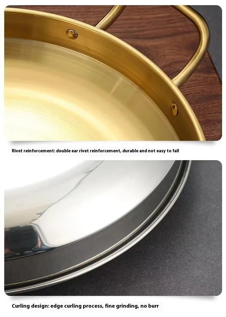 Golden stainless steel wok pan with handles featuring double rivet reinforcement and curled edge design for durability and sa