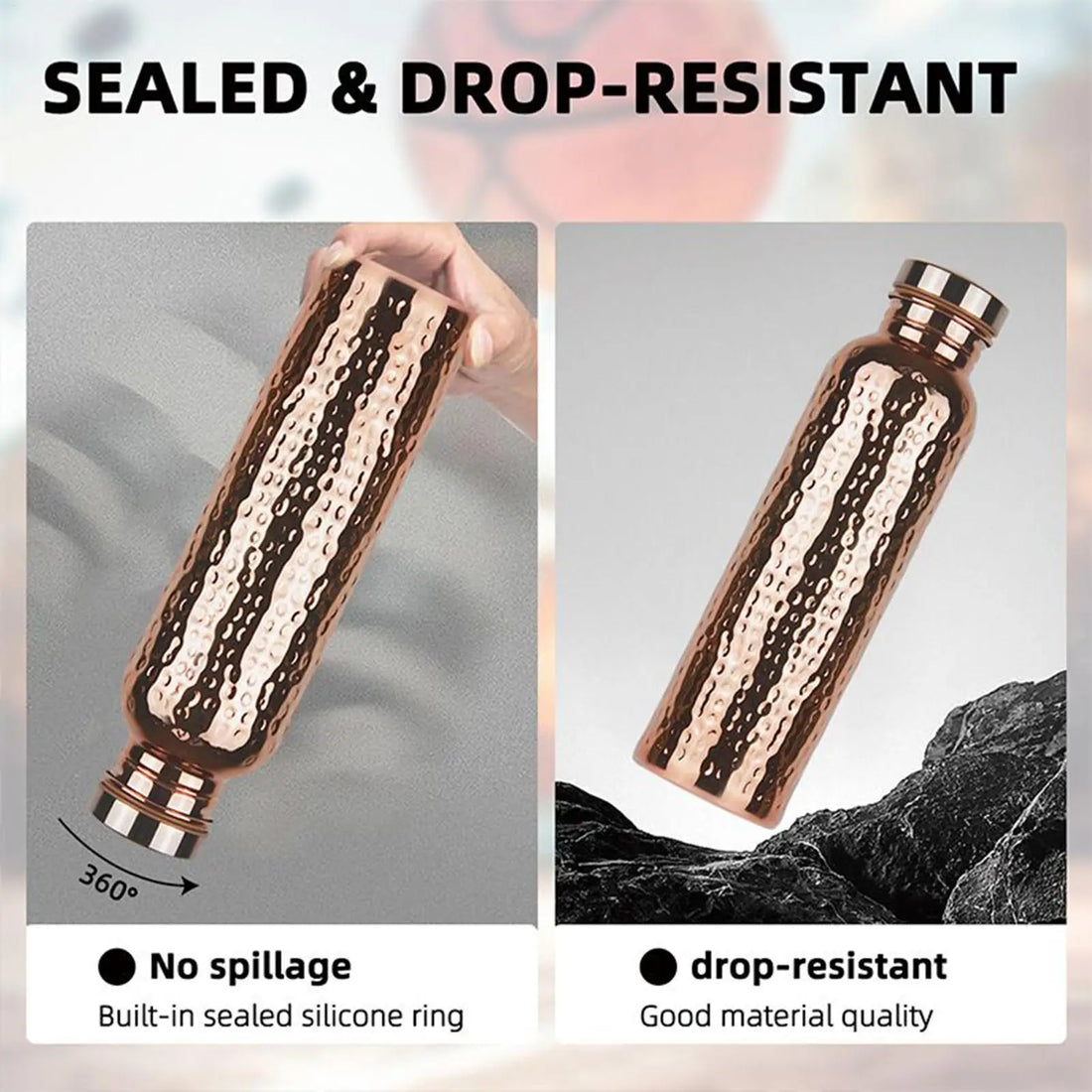 Insulated copper water bottle 27oz with leakproof design, shown with color swatches in gold, rose gold, and gray finishes.