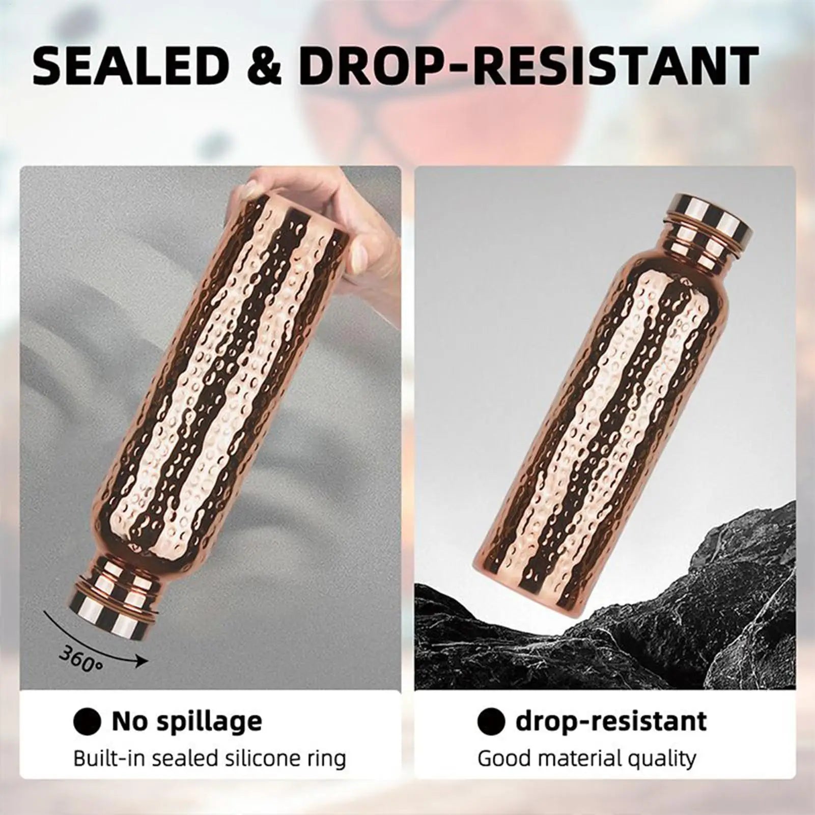 Copper insulated water bottle with hammered texture, sealed silicone ring preventing spillage, 360-degree leak-proof design, 
