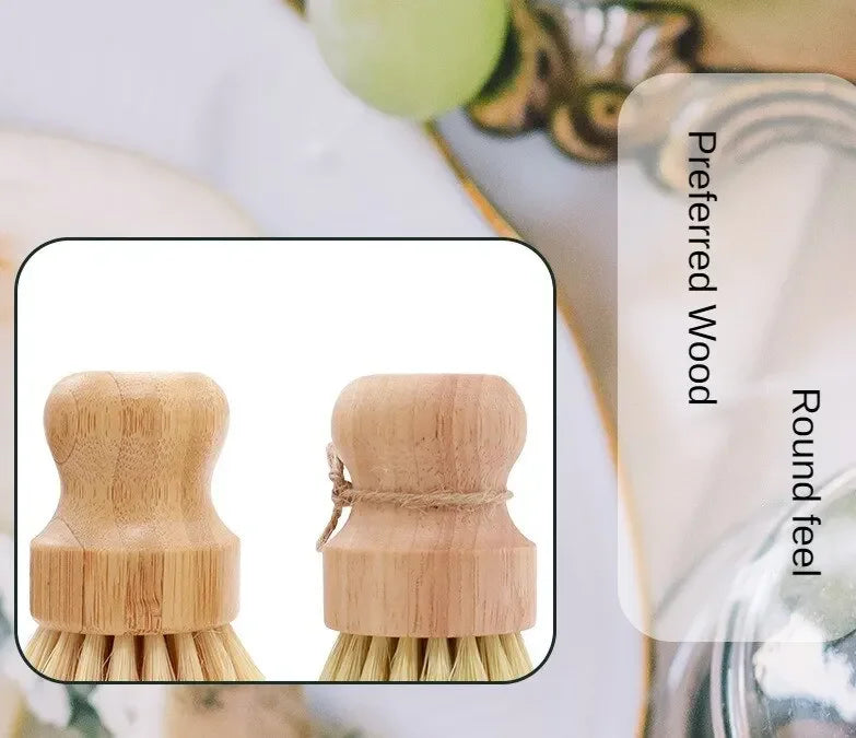 Wooden dish brush with round feel and coconut fiber bristles, shown from front and side view