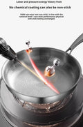 Pure titanium fry pan with textured surface showing water beading and non-stick performance demonstration with heat applicati