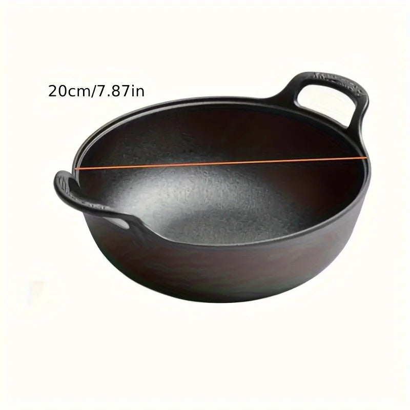 Black cast iron double-handle pot with 20cm diameter, heavy-duty stew cooker with wide rim and heat-resistant handles