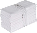 12 white cotton linen table napkins bundled with gray striped band, luxury dining set for elegant meals