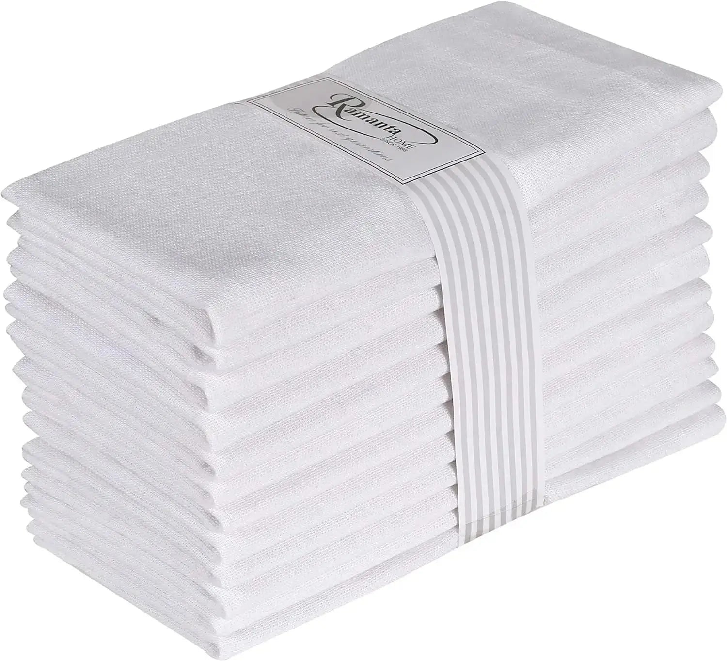 12 white cotton linen table napkins bundled with gray striped band, luxury dining set for elegant meals