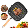 Cast iron square grill pan with wooden handle, featuring seared steak and vegetables with grill marks and drip spout.