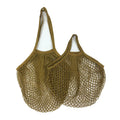 Two olive green cotton mesh produce bags with long handles, ideal for farmers market shopping and plastic-free grocery storag