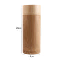 Cylindrical bamboo tea storage canister with natural wood grain, 20cm tall and 8cm diameter, featuring decorative band detail