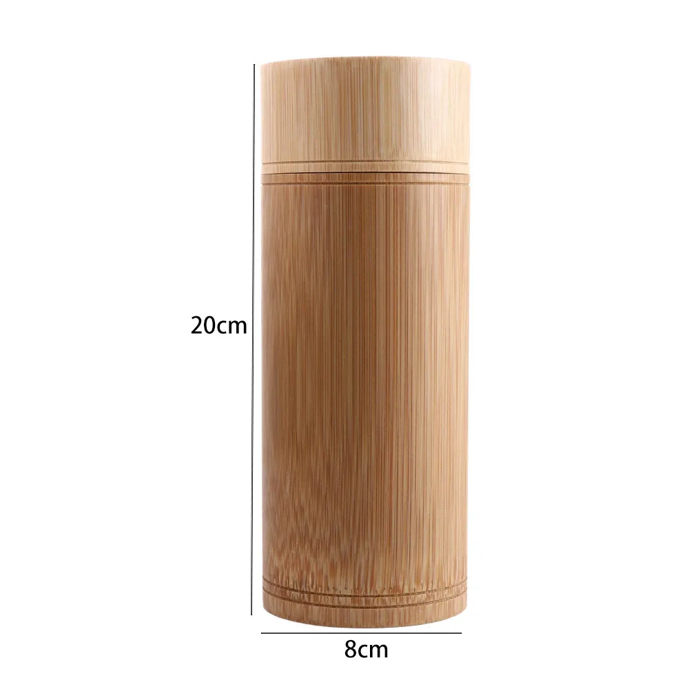 Cylindrical bamboo tea storage canister with natural wood grain, 20cm tall and 8cm diameter, featuring decorative band detail