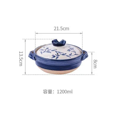 Blue and white ceramic earthenware casserole pot with lid, 1200ml capacity, featuring decorative Asian-inspired design and du
