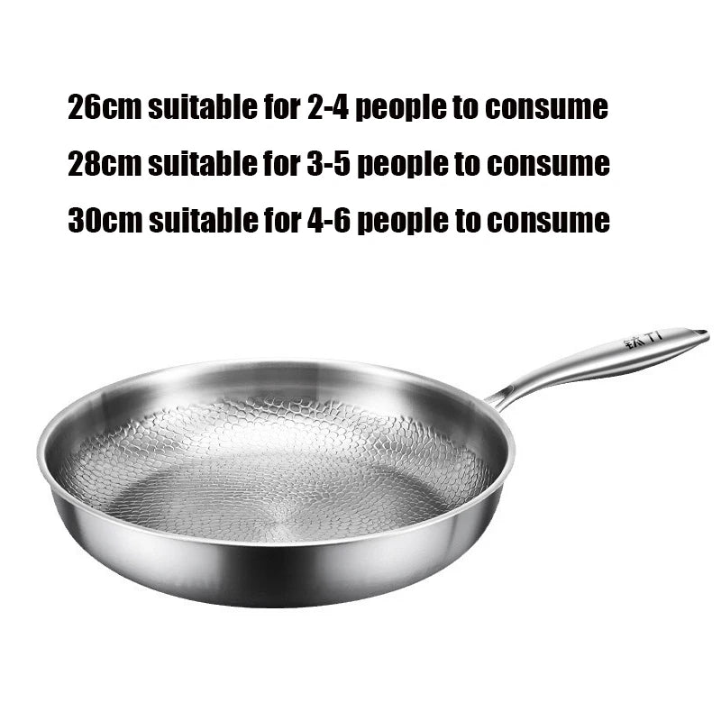 Pure titanium heritage fry pan with hammered non-stick surface, available in 26cm, 28cm, and 30cm sizes for 2-6 people.