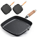 Cast iron square grill pans with wooden handles and drip spouts, shown in three sizes for eco-friendly cooking.