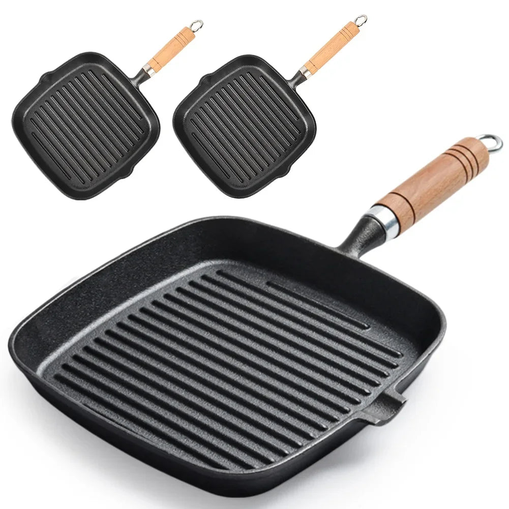 Cast iron square grill pans with wooden handles and drip spouts, shown in three sizes for eco-friendly cooking.