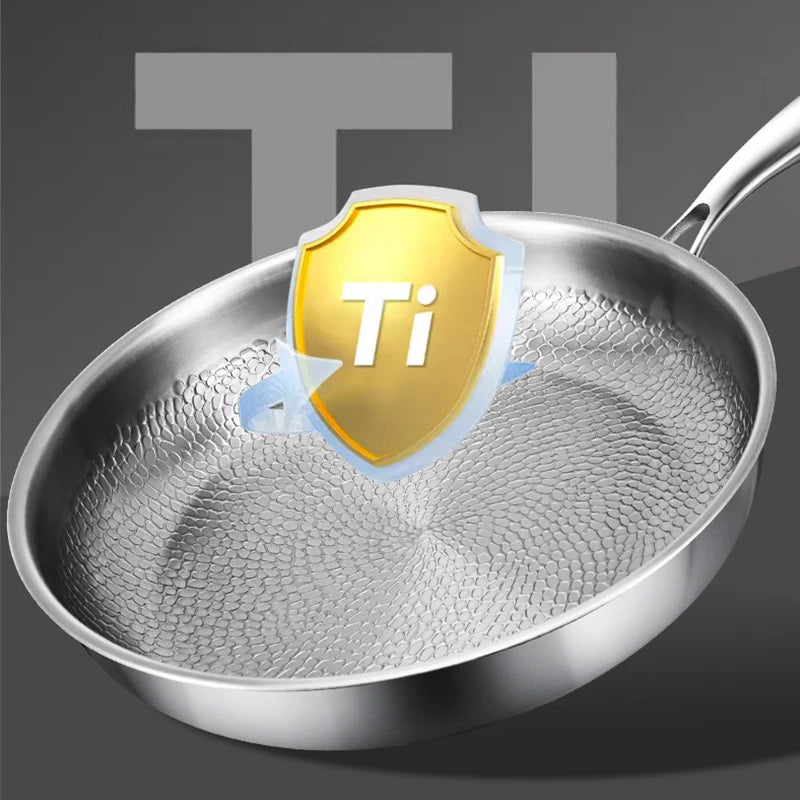 Pure titanium fry pan with honeycomb texture surface and gold Ti shield badge highlighting natural non-stick properties and d