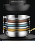 Stainless steel wok pan with golden handle, showing seven non-stick coating layers in cross-section view.
