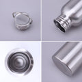 Stainless steel sports hydration bottle shown from multiple angles displaying screw-on cap, wide mouth opening, and sleek bru