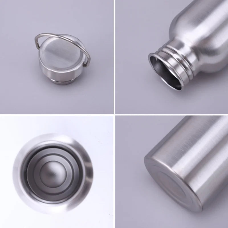 Stainless steel sports hydration bottle shown from multiple angles displaying screw-on cap, wide mouth opening, and sleek bru