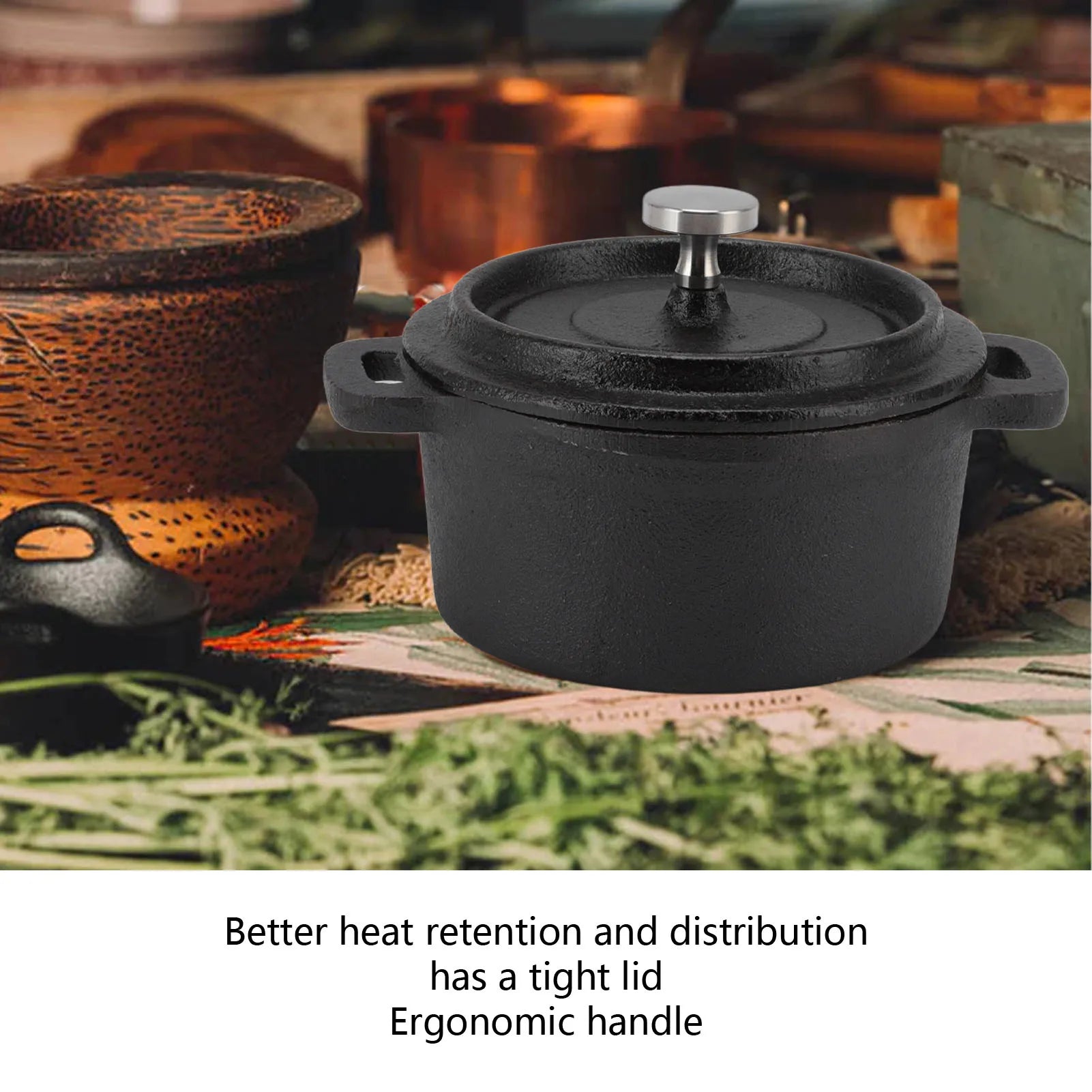 Black cast iron Dutch oven pot with tight-fitting lid and ergonomic handles, displayed with ingredients and rustic kitchen it