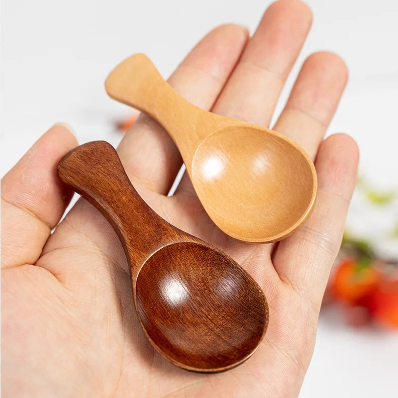 Two wooden mini scoop spoons held in palm—one light bamboo, one dark wood—with polished bowls for tea, honey, and coffee.