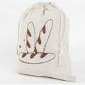 Handmade organic linen bread bag with brown baguette illustration and drawstring closure for reusable loaf storage.