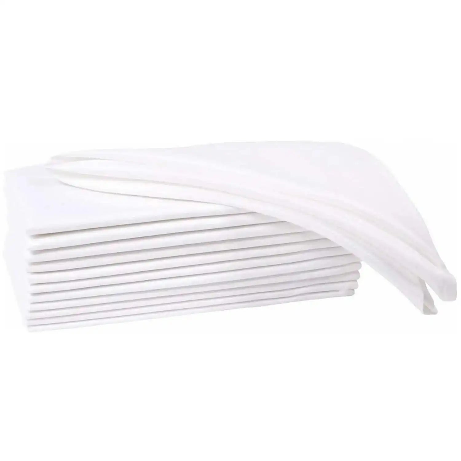 Stack of 12 natural cotton linen white table napkins displayed fanned out, showing texture and quality weave for luxury dinin
