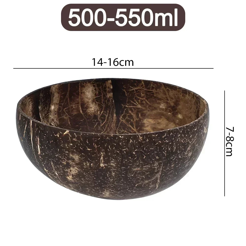 Natural coconut shell serving bowl, 14-16cm diameter, 500-550ml capacity, handcrafted with textured finish.