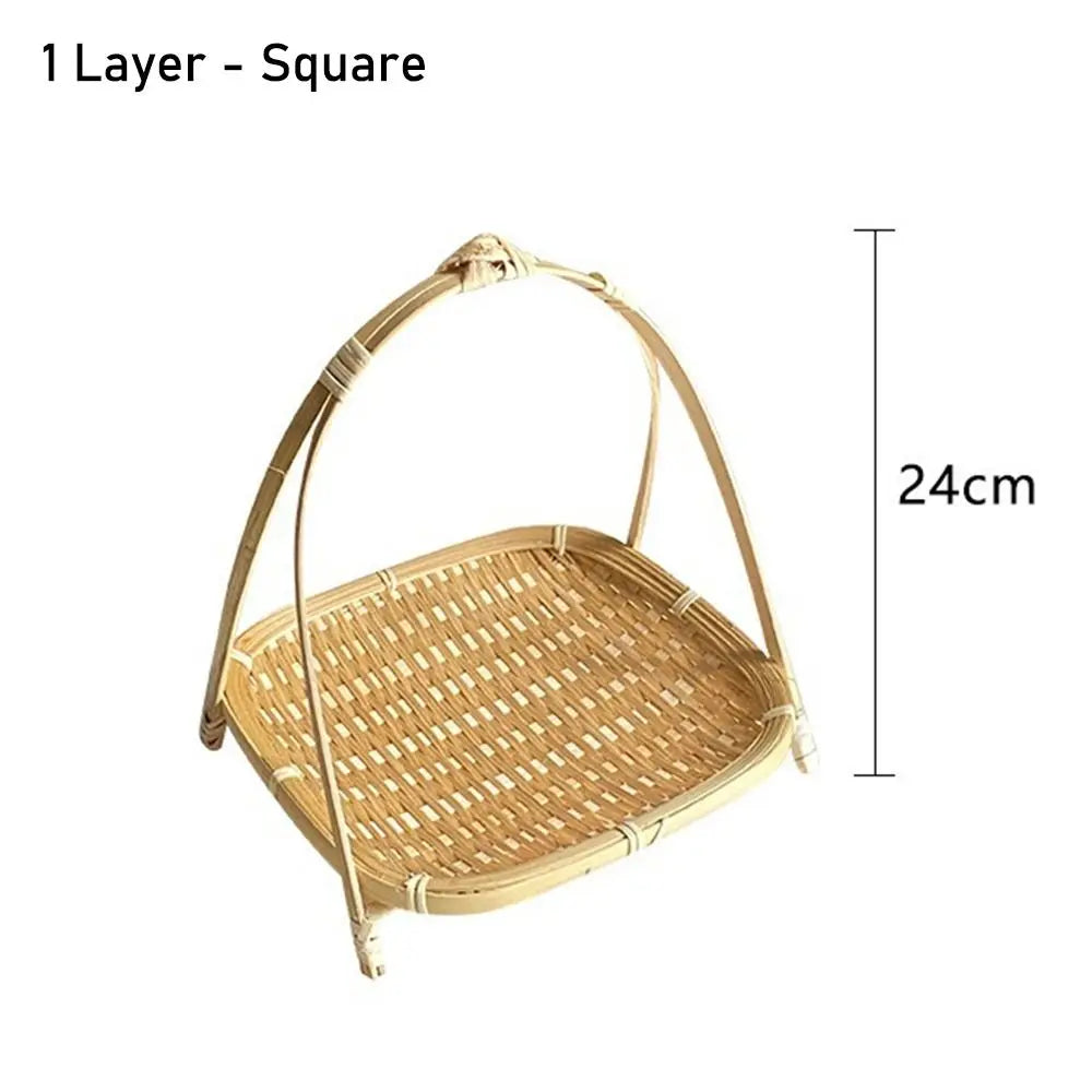 Natural bamboo square basket with handles, 24cm height, single-layer woven design for eco-friendly kitchen storage and pantry