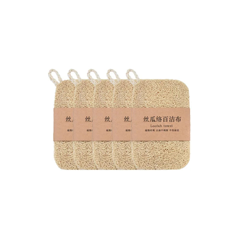 Natural loofah dish scrubbers set of 5 with rope loops, eco-friendly kitchen cleaning cloths in beige.