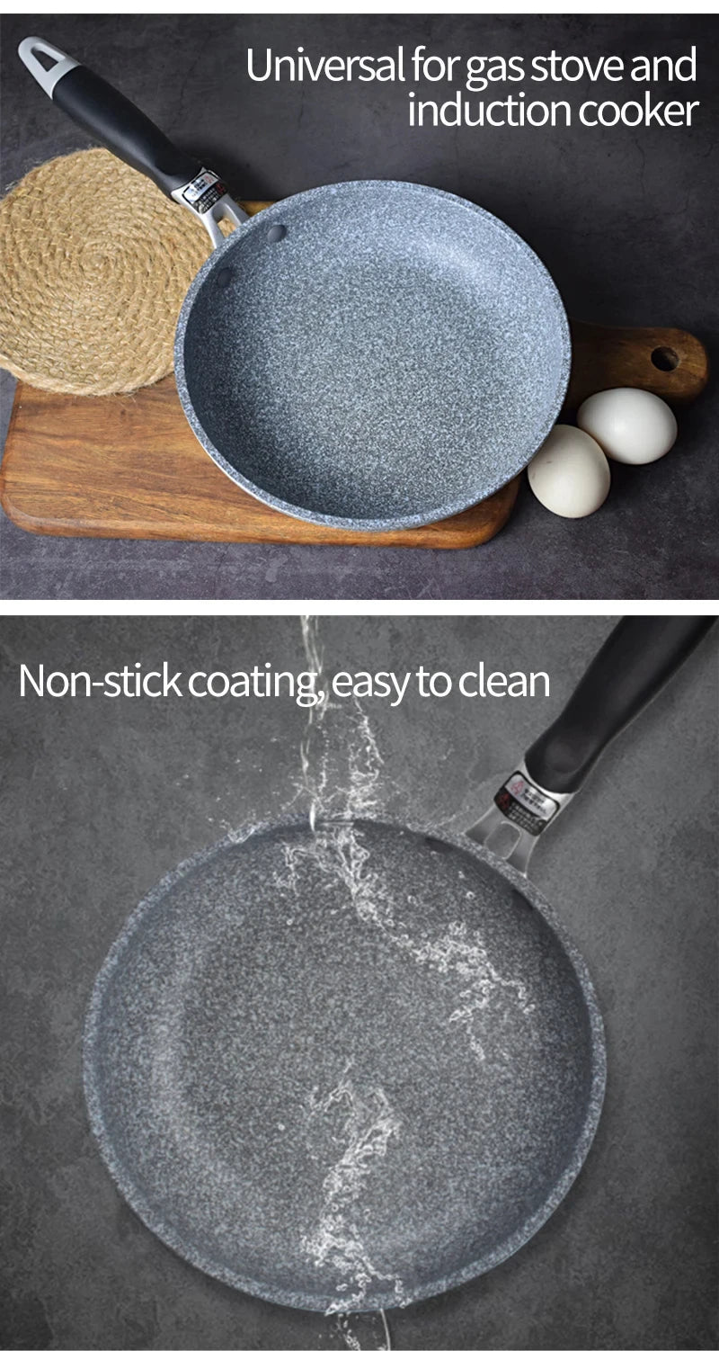 GraniteStone Fusion fry pan with granite non-stick coating, black handle, displayed with eggs and wooden board, water rinsing