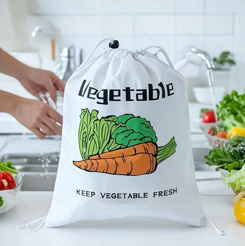 White insulated drawstring bag with vegetable illustrations and "Keep Vegetable Fresh" text, displayed in modern kitchen with