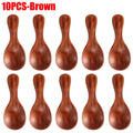 10 brown wooden mini scoop spoons with round bowls and tapered handles for tea, honey, and coffee servings.