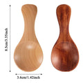 Wooden mini scoop spoon in natural and dark brown finishes, 8.5cm tall, for tea, honey, and coffee.