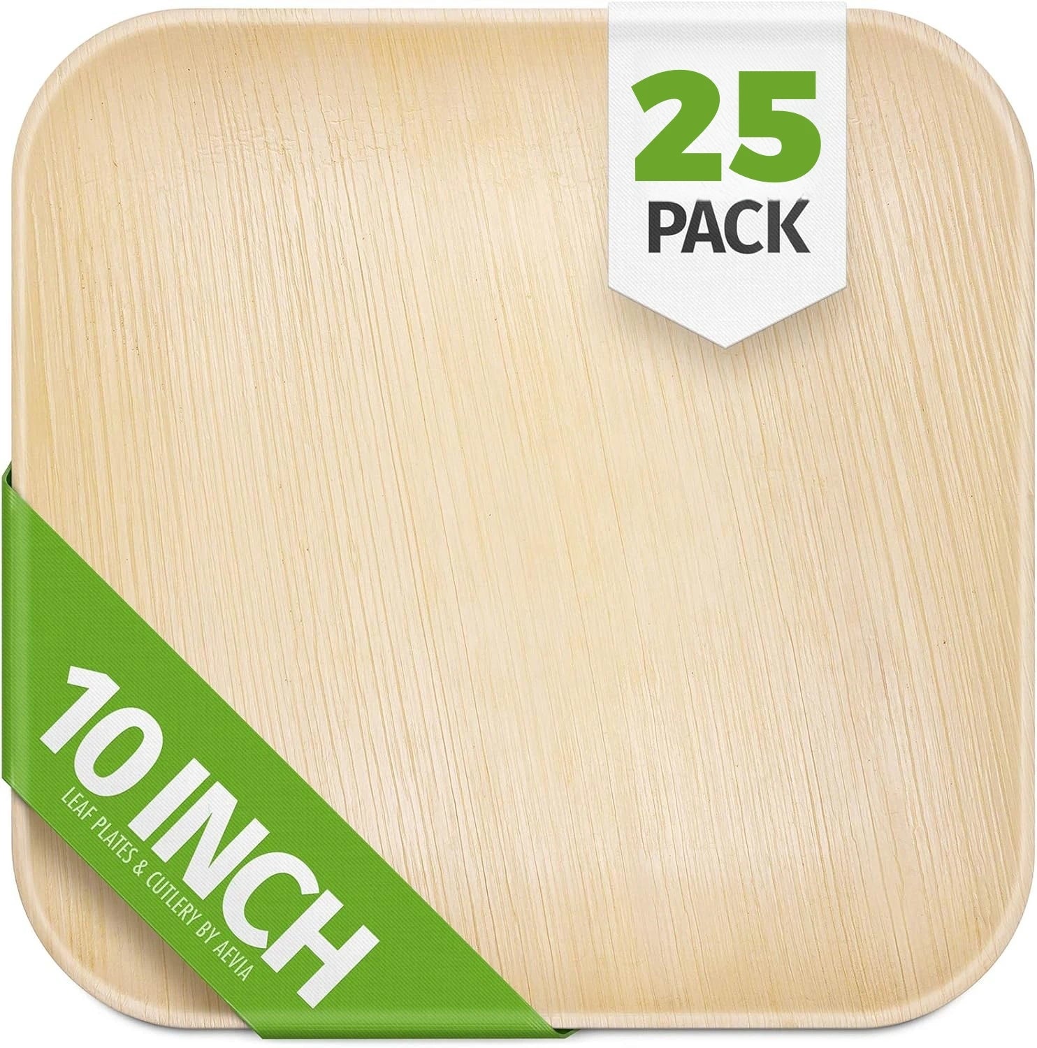 Palm leaf dinner plates, 25-pack, natural wood-colored square shape, biodegradable eco-friendly disposable dinnerware