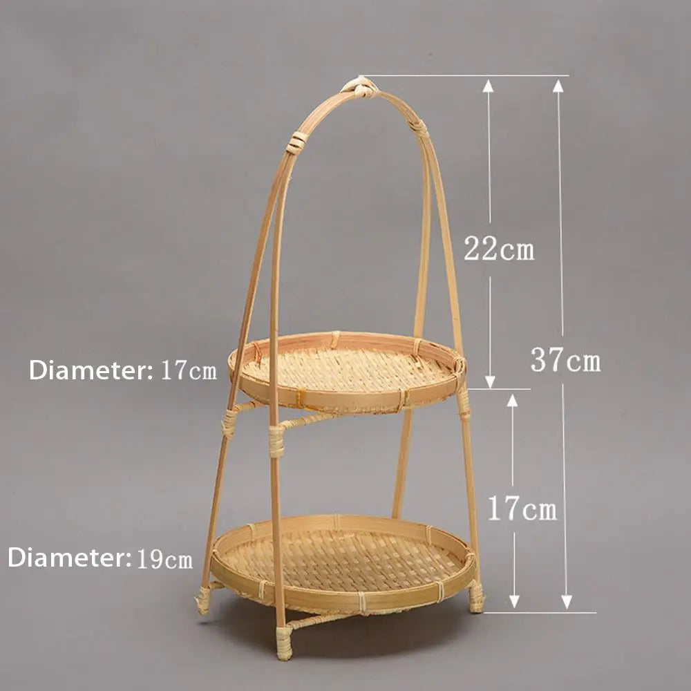 Two-tier bamboo basket with natural woven design, 17cm and 19cm diameters, 37cm total height, sustainable pantry storage.