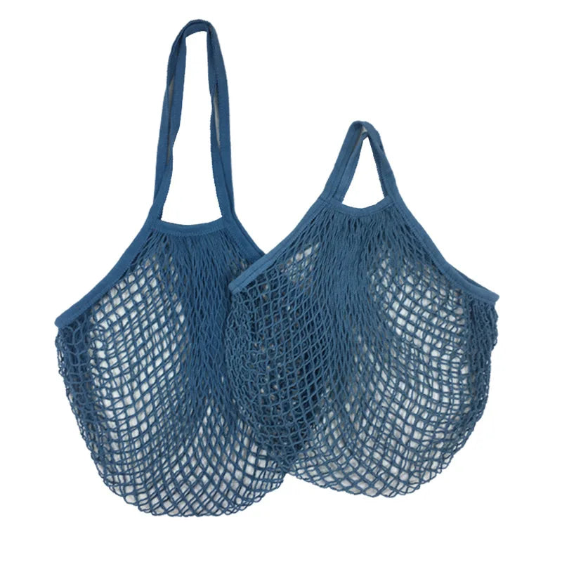 Blue cotton mesh produce bags with long handles, ideal for grocery shopping and vegetable storage