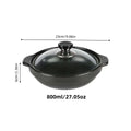 Black ceramic clay cooking pot with glass lid, 800ml capacity, 23cm width, traditional design for rice and broth cooking.