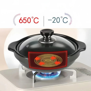 Ceramic clay cooking pot with glass lid on gas stove, heat range 650°C to -20°C, traditional rice and broth cooker.