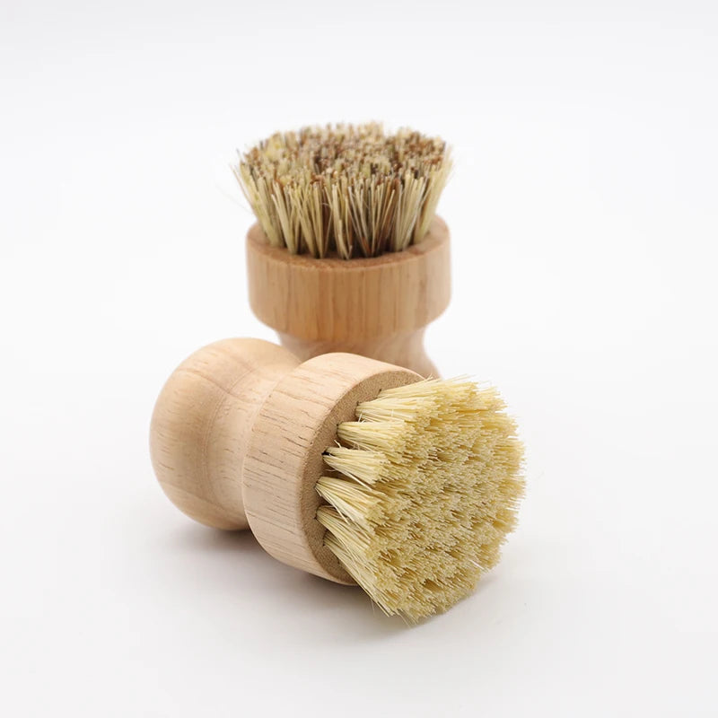 Bamboo dish brushes with natural bristles, featuring wooden handles and replaceable brush heads for eco-friendly kitchen clea