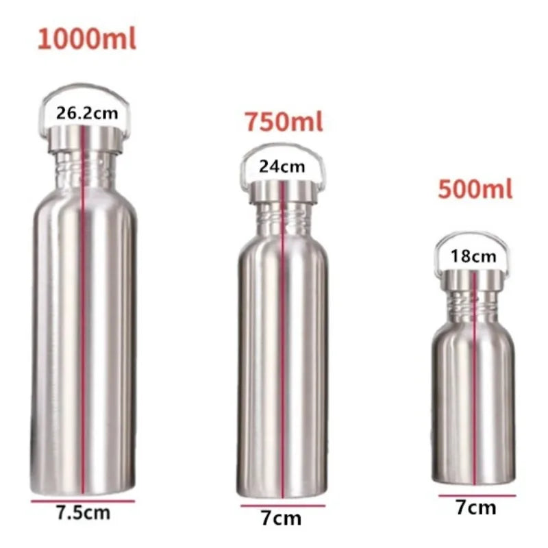 Five stainless steel water bottles in increasing sizes, 500-1000ml, with metal handles and caps, displayed in a row on a whit