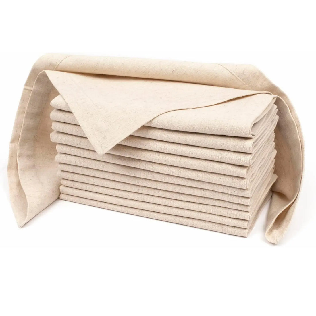 Stack of 12 natural cotton linen napkins in cream color with decorative brown trim, displaying soft woven texture and elegant