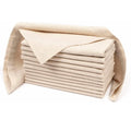 Stack of 12 natural cotton linen table napkins in cream color, displayed in a rolled bundle with fabric bag container.